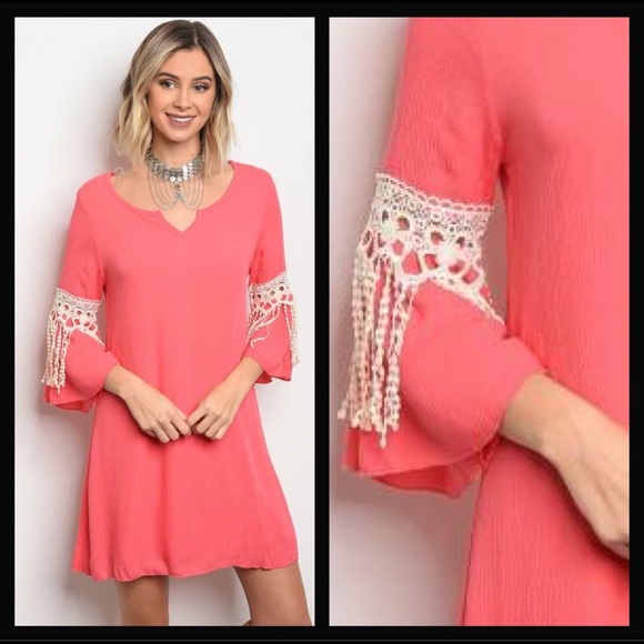 orange creek Dresses & Skirts - 🆕⭐️ Coral Crochet Sleeve Trim Dress
